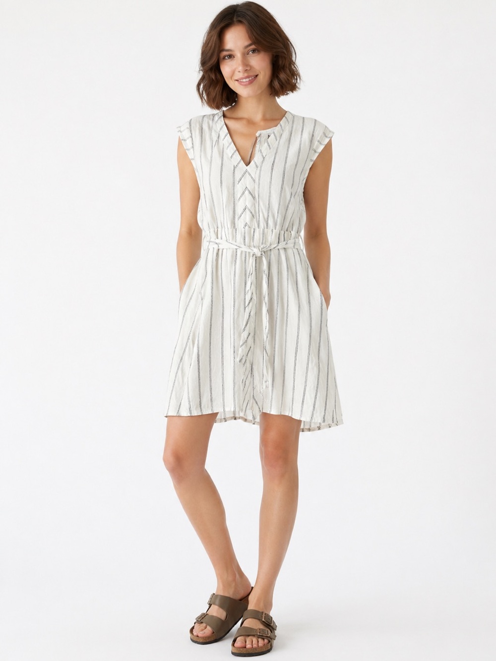 O'Neill White Midi Dress with Black Pinstripes and Tie Waist, Size S